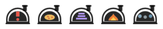 A row of pizza oven icons animating: one showing a red exclamation mark, one holding a finished pizza that breathes, one with violet bars drawing inward, one with a flickering flame, and one with three blue dots riding a wave.