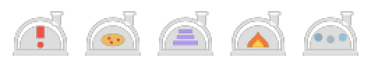 A row of pizza oven icons animating: one showing a red exclamation mark, one holding a finished pizza that breathes, one with violet bars drawing inward, one with a flickering flame, and one with three blue dots riding a wave.